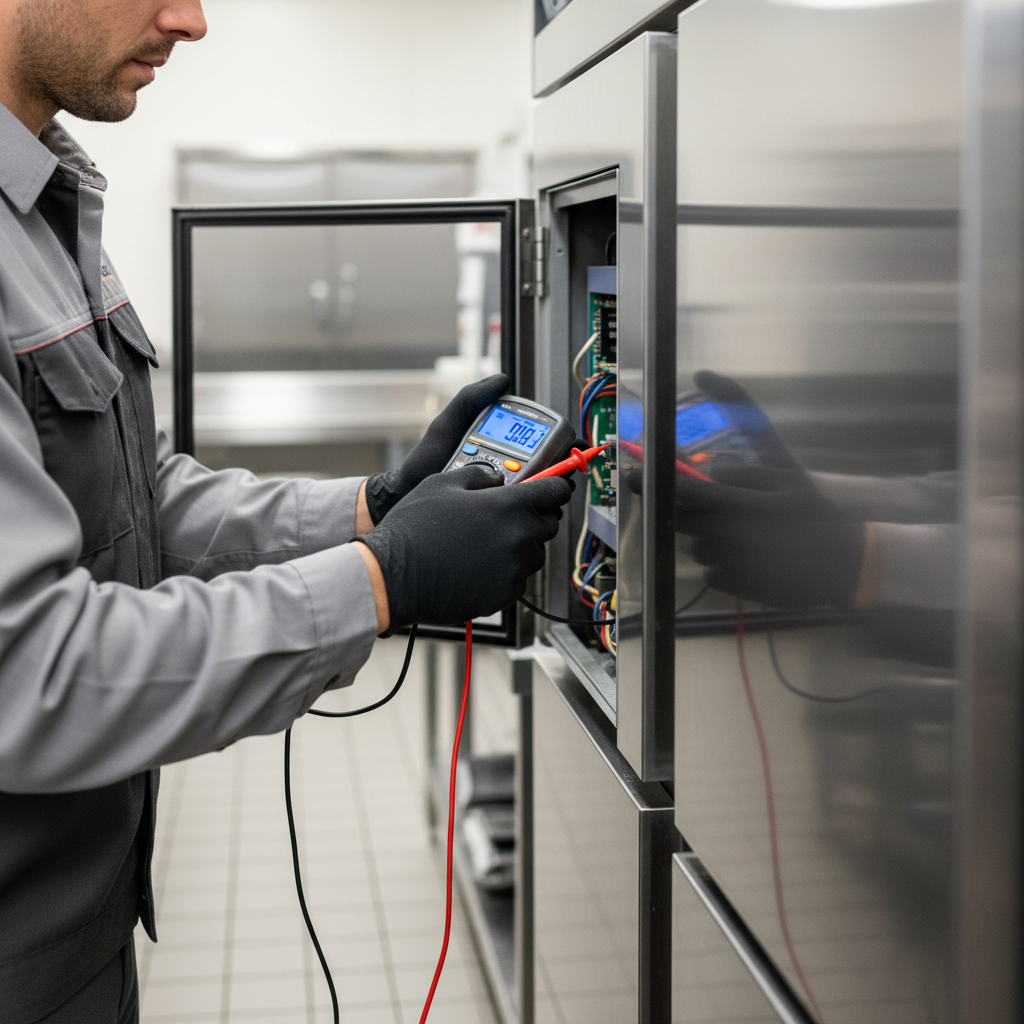 Technician testing commercial refrigeration controls